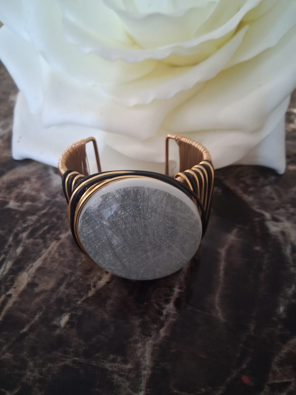 No Boundaries Gold Wire Cuff Bracelet with Silver Round Stone